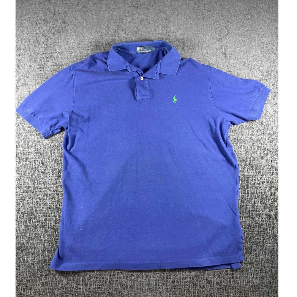 Polo Ralph Lauren Mens Large Blue Short Sleeve Cotton Pique Shirt Green Pony